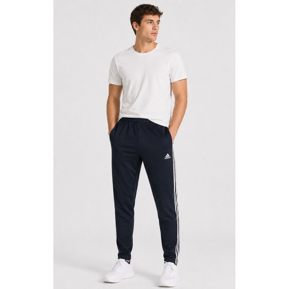 Adidas Track Pants Mens Large Black White Stripe Polyester Pockets Drawstring